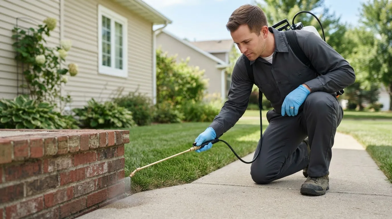 Pest control technician treating a home near Gackle, ND