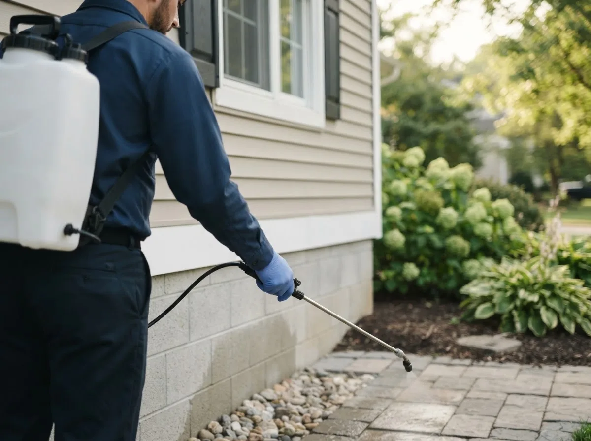 Pest control technician inspecting a home in Gackle, ND